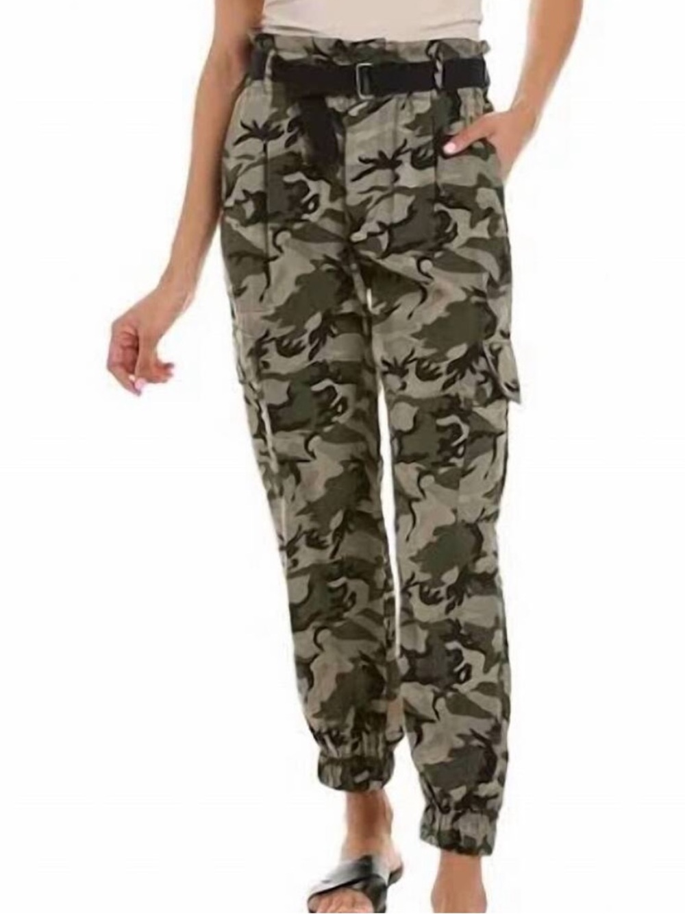 ELAN Women's Green Camo Print High Waisted Belted Jogger Pant Size S